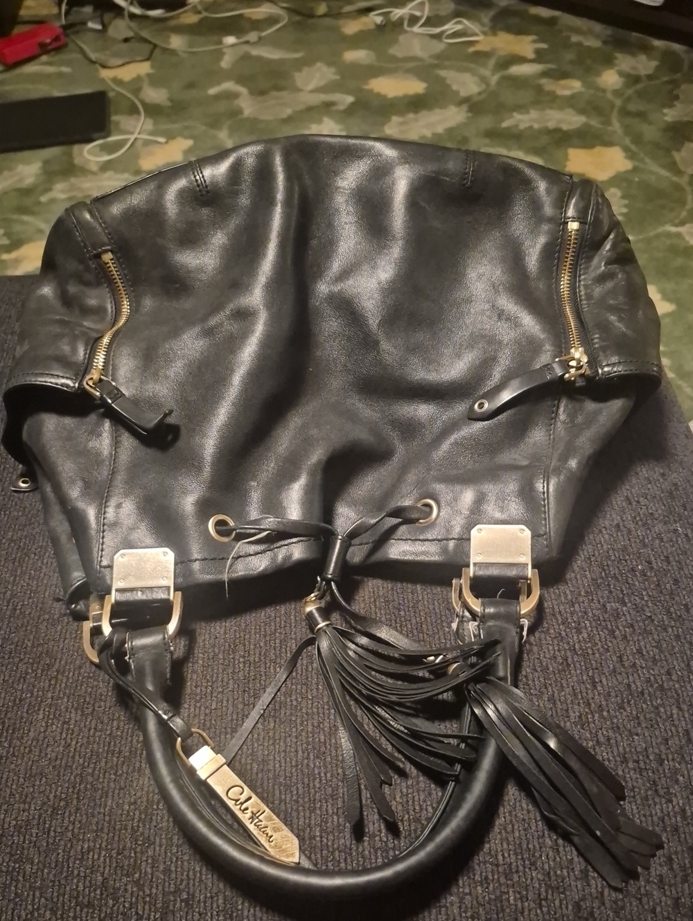 Olivia Harris Black Leather Tassel Shoulder Bag